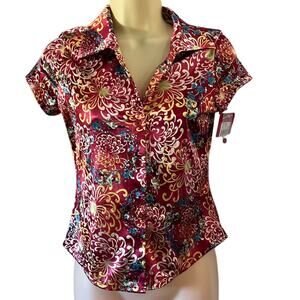 Xhilaration Size S Red Bird Swirl Print Satiny Stretch Blouse Button Up Y2K